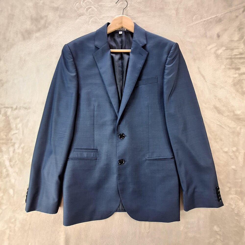 Express Photographer Suit Jacket Mens 38 Blue Solid Single Vent 2 Button Fitted